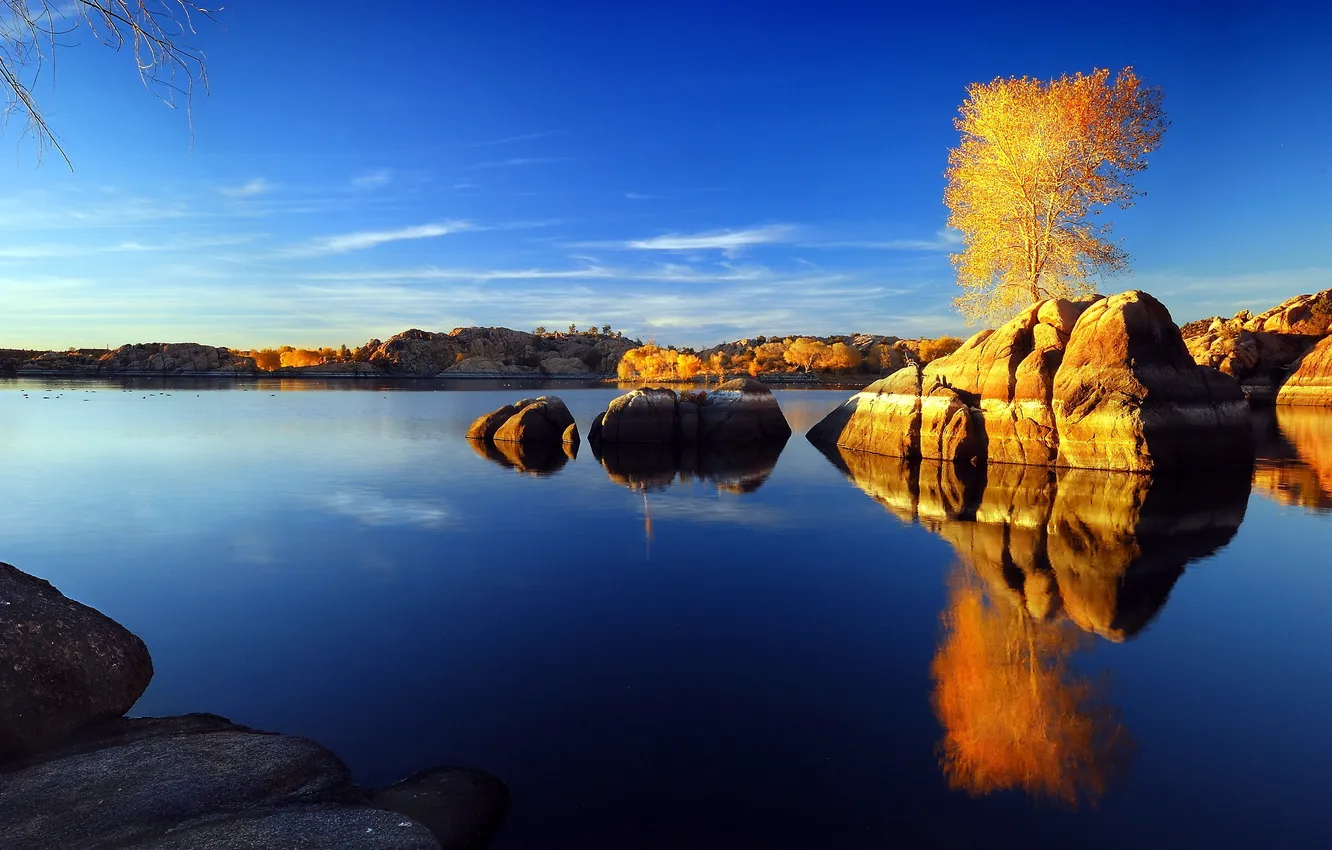 Photo wallpaper the sky, trees, landscape, lake, stones