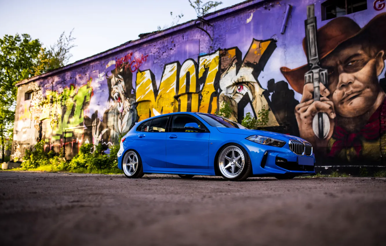 Photo wallpaper BMW, Blue, Front, Graffiti, Left Side, BMW 1 Series, JR Wheels