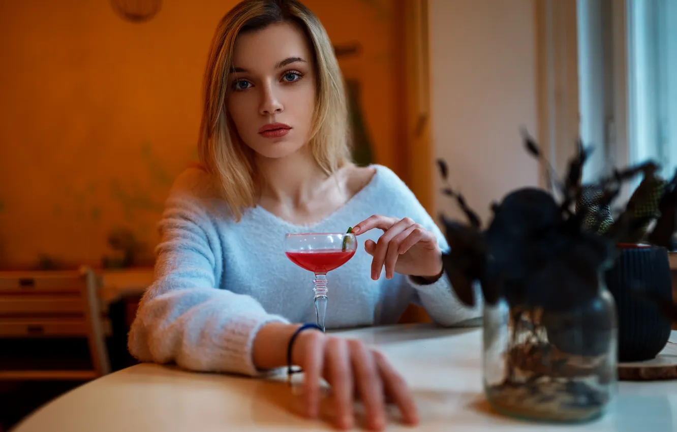 Photo wallpaper girl, table, glass, blonde, pullover, Acts Novels