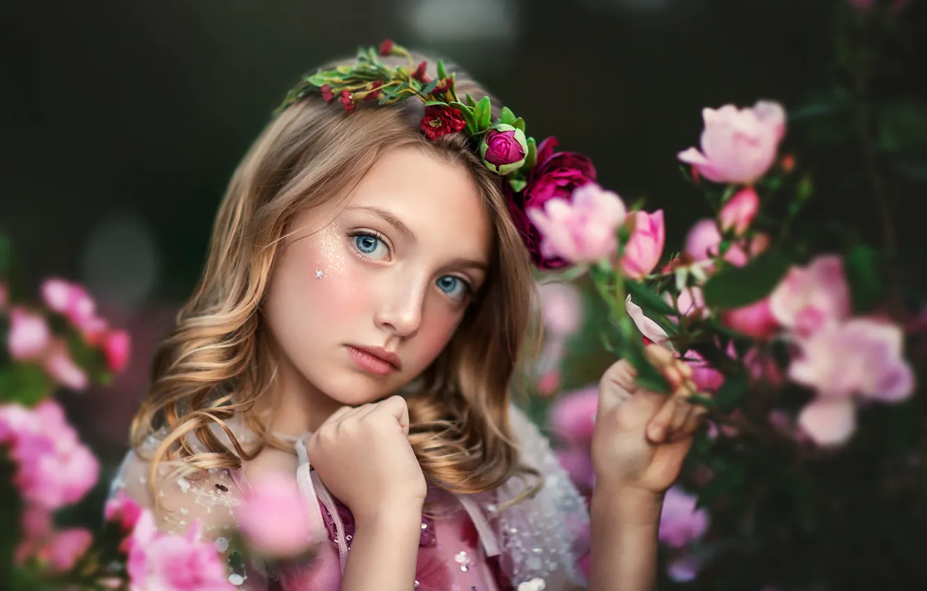 Photo wallpaper look, flowers, portrait, girl, wreath