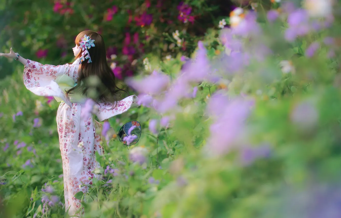 Photo wallpaper girl, flowers, toy, doll