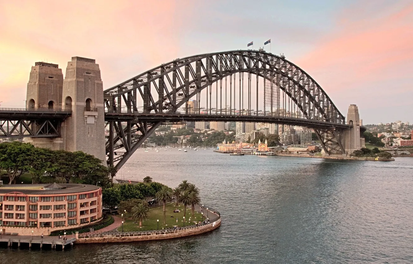 Photo wallpaper sunset, bridge, the city, Australia, Bay, Sydney, Australia, Sydney