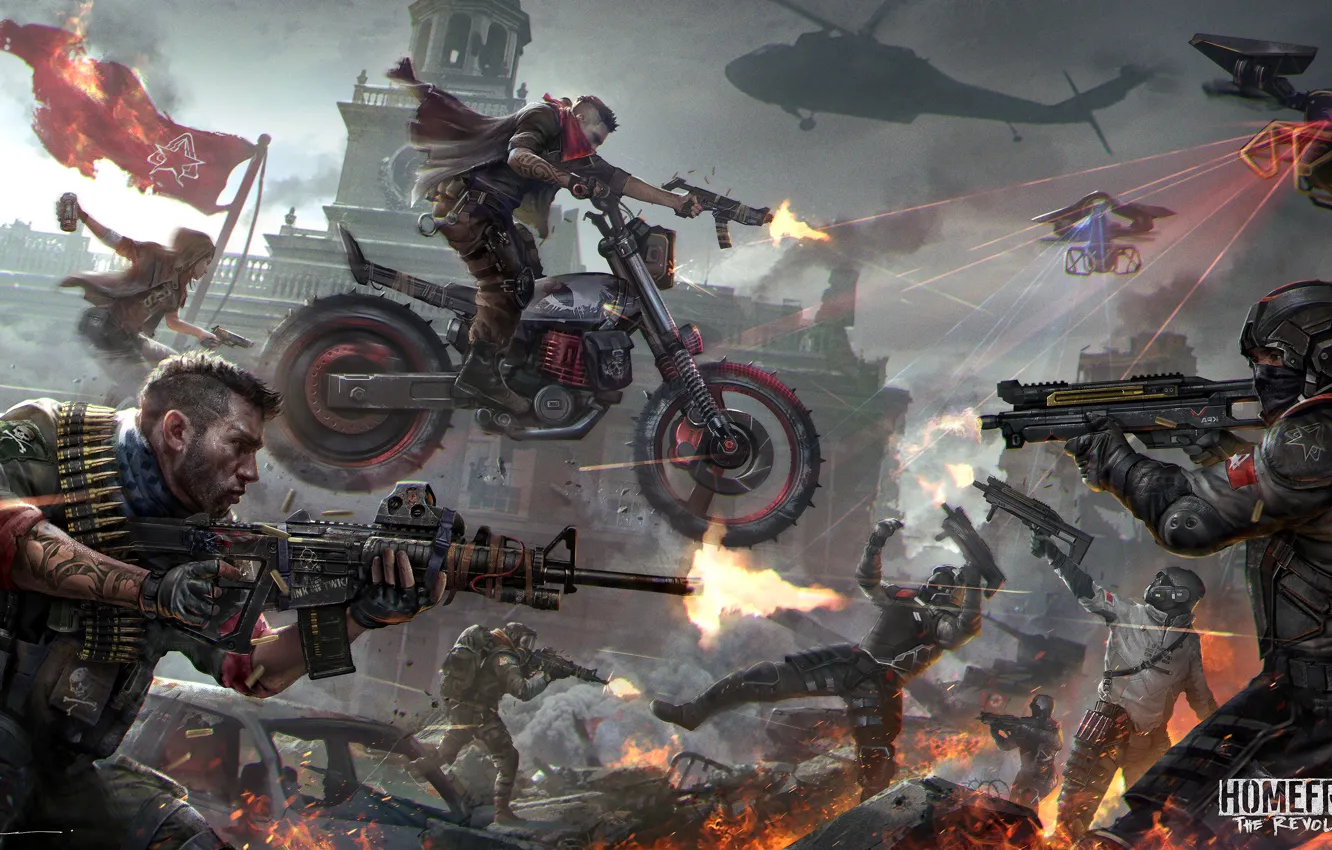 Photo wallpaper war, art, motorcycle, shootout, the rebels, the uprising, Homefront: The Revolution, Koreans