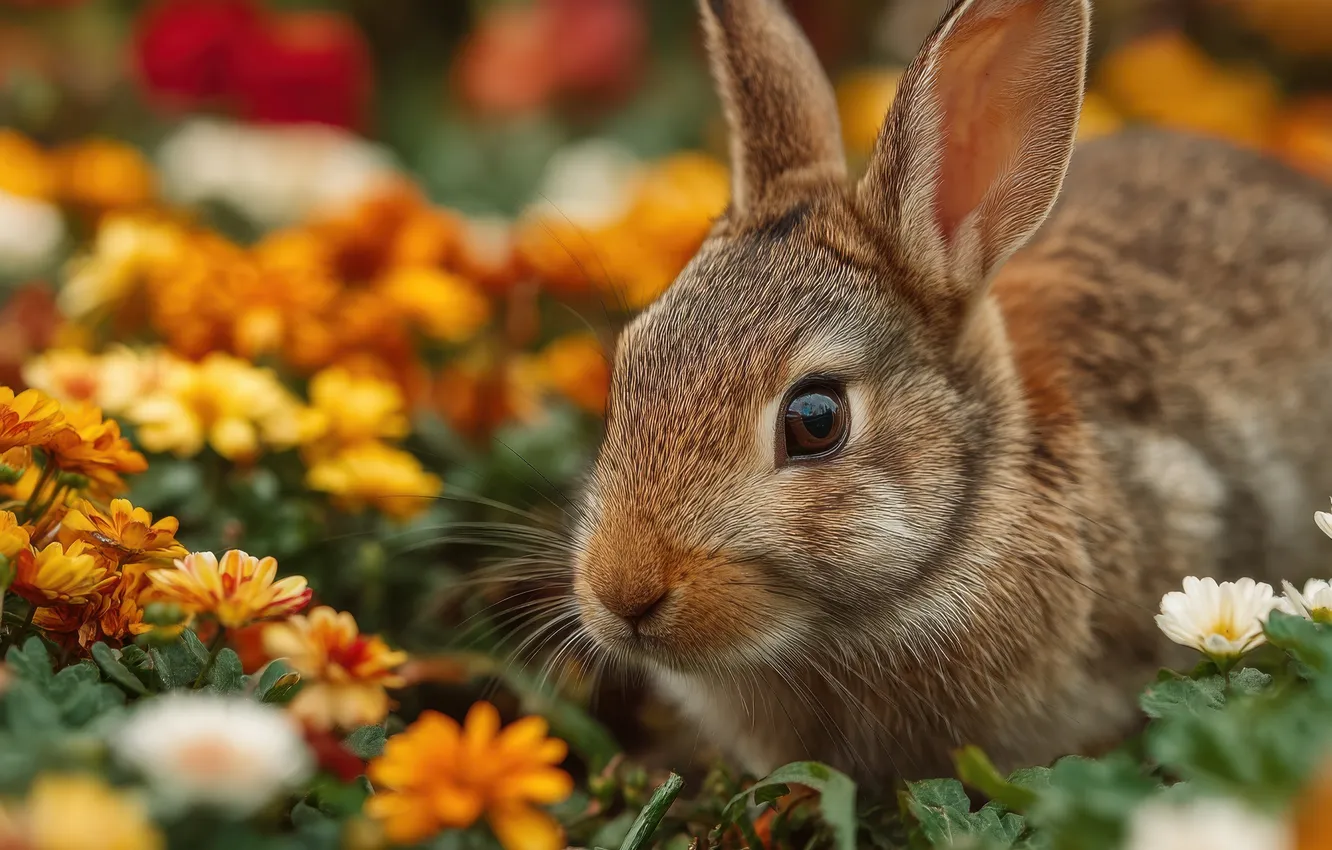 Photo wallpaper summer, look, flowers, hare, portrait, garden, rabbit, face