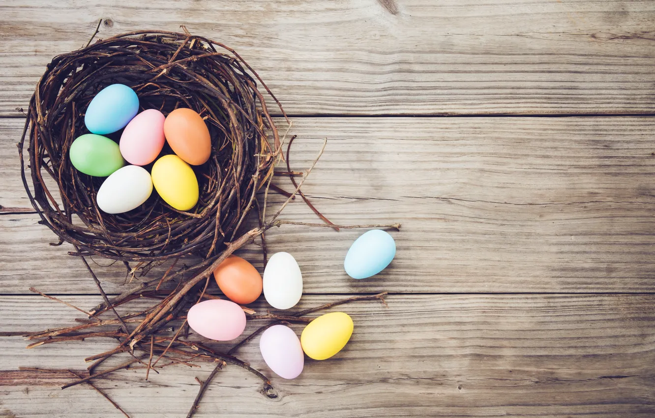 Photo wallpaper branches, basket, eggs, spring, colorful, Easter, vintage, wood