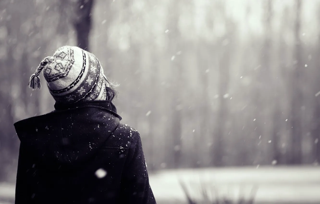 Photo wallpaper snow, background, mood, Wallpaper, hat, hair, girl. winter