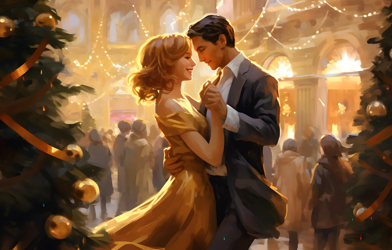 Photo wallpaper girl, smile, people, building, tree, new year, dress, Christmas