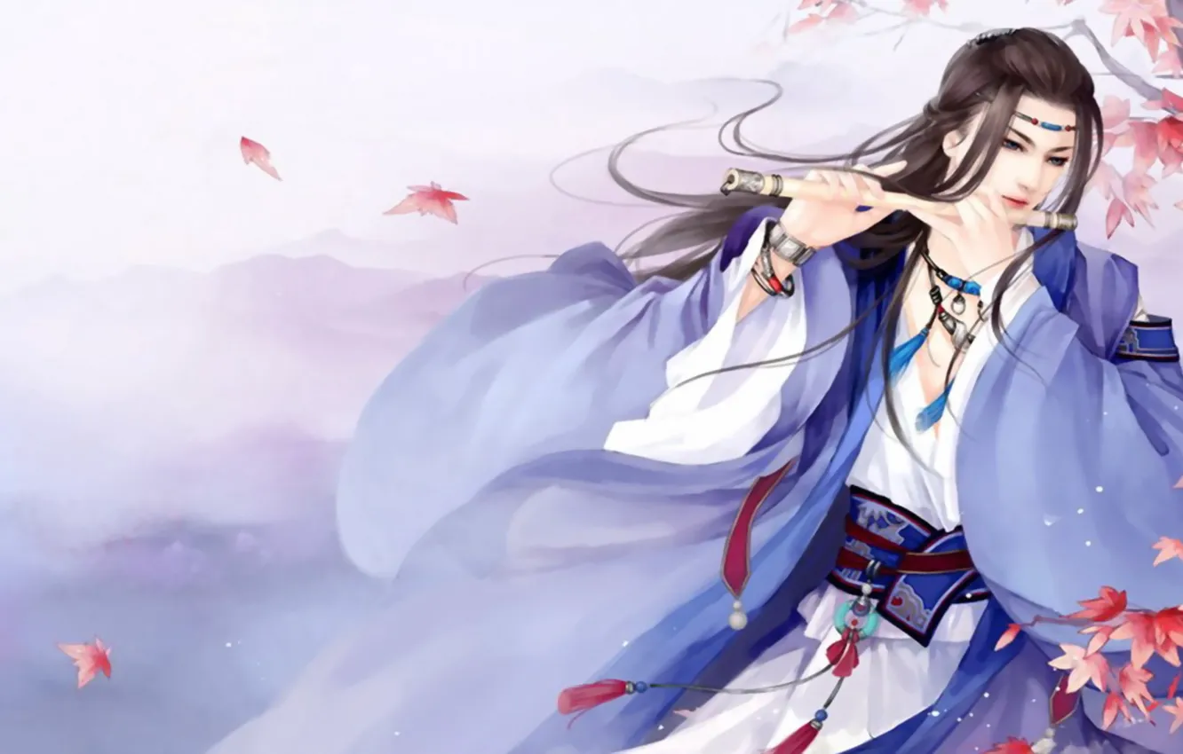 Photo wallpaper leaves, guy, flute