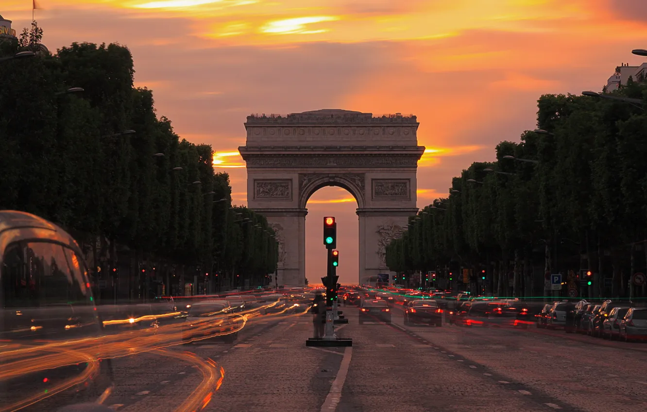 Photo wallpaper lights, Paris, the evening, twilight, Champs Elysees, Arch