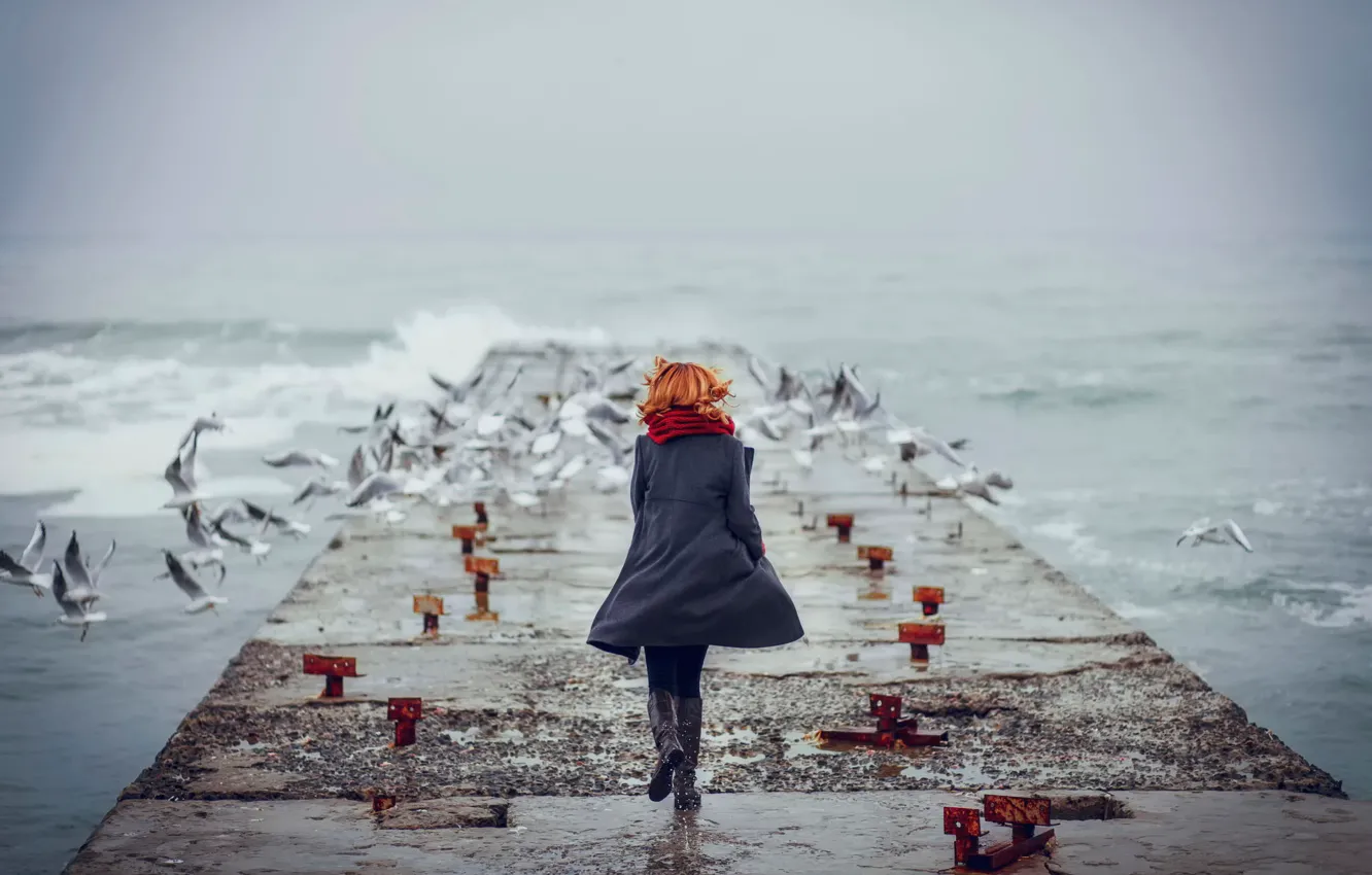 Photo wallpaper wave, girl, the ocean, seagulls, running, pierce, redhead