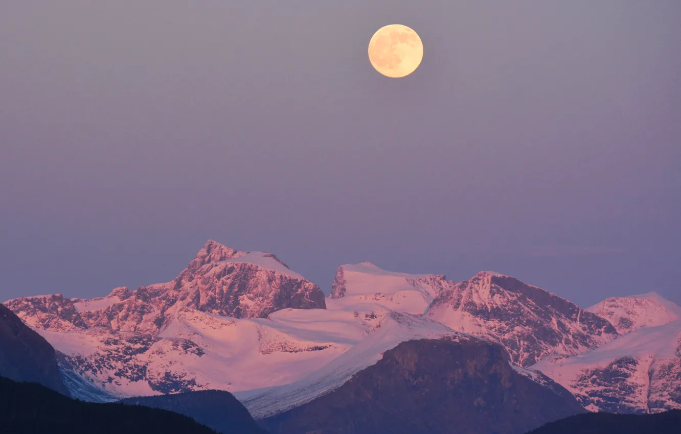 Photo wallpaper winter, the sky, snow, mountains, nature, rocks, the moon, Norway