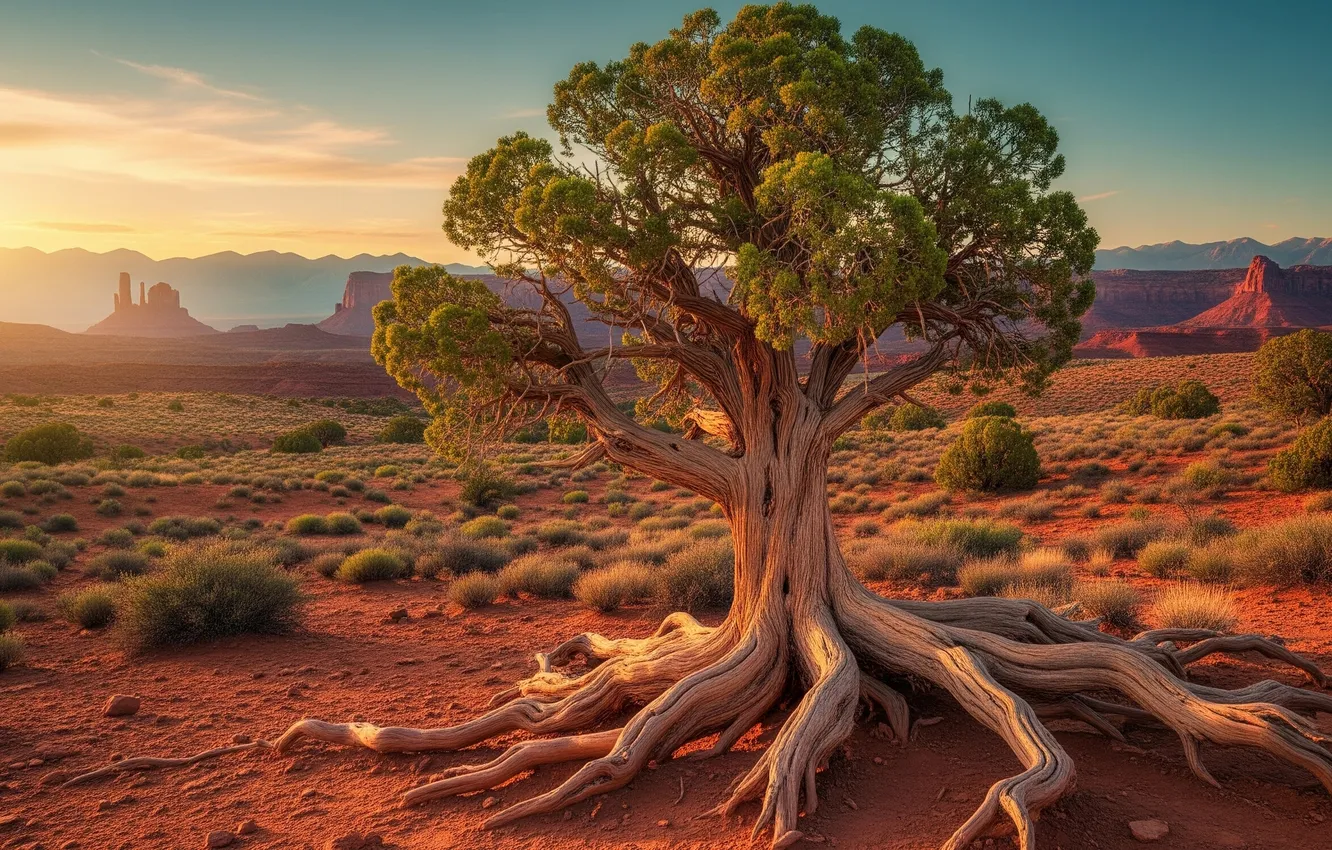 Photo wallpaper the sky, clouds, trees, sunset, mountains, roots, desert, sky