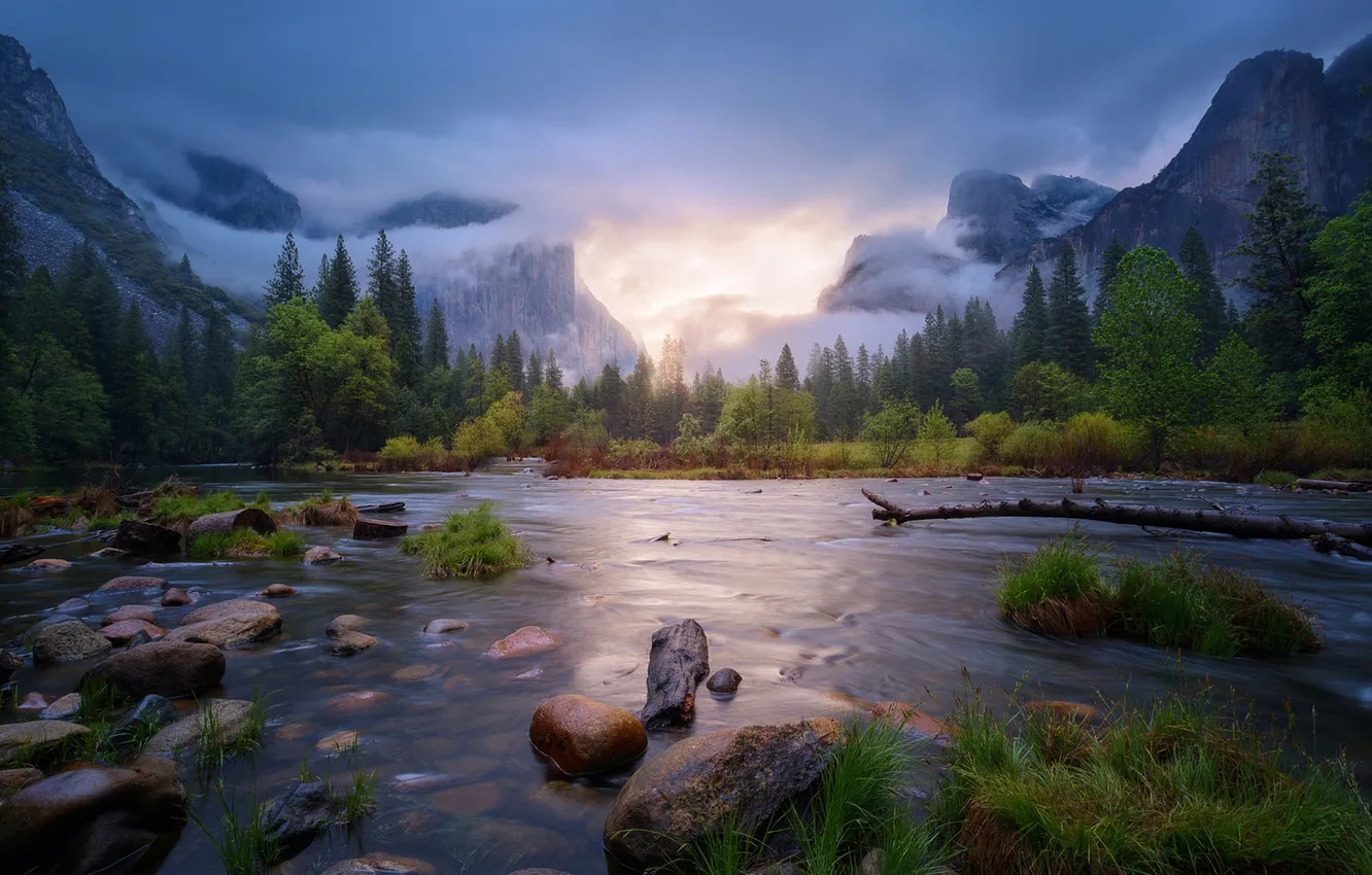 Photo wallpaper clouds, mountains, river, space, river, mountains, clouds, the beauty of nature