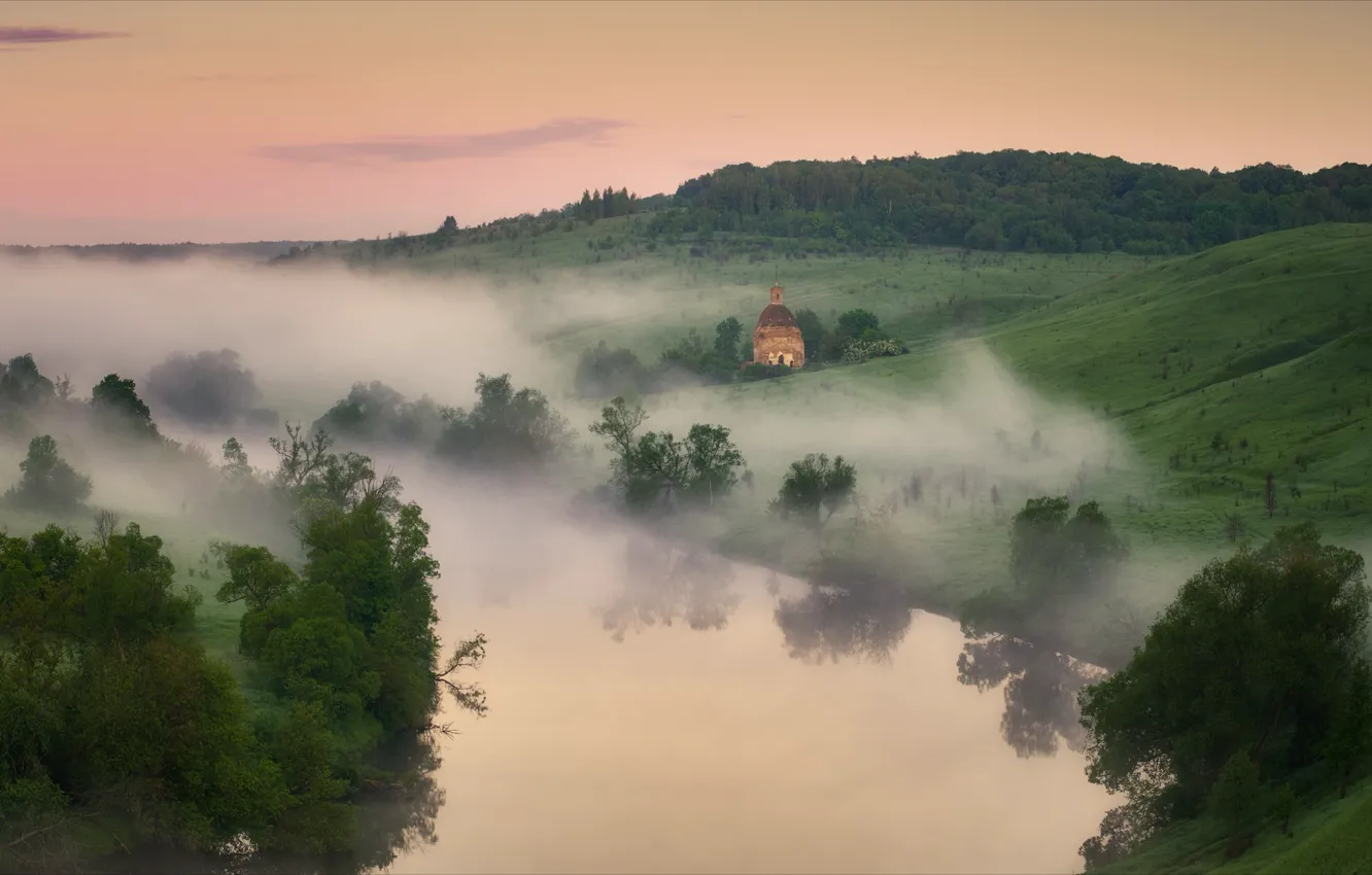 Photo wallpaper landscape, nature, fog, river, hills, morning, forest, Alexey Bagaryakov