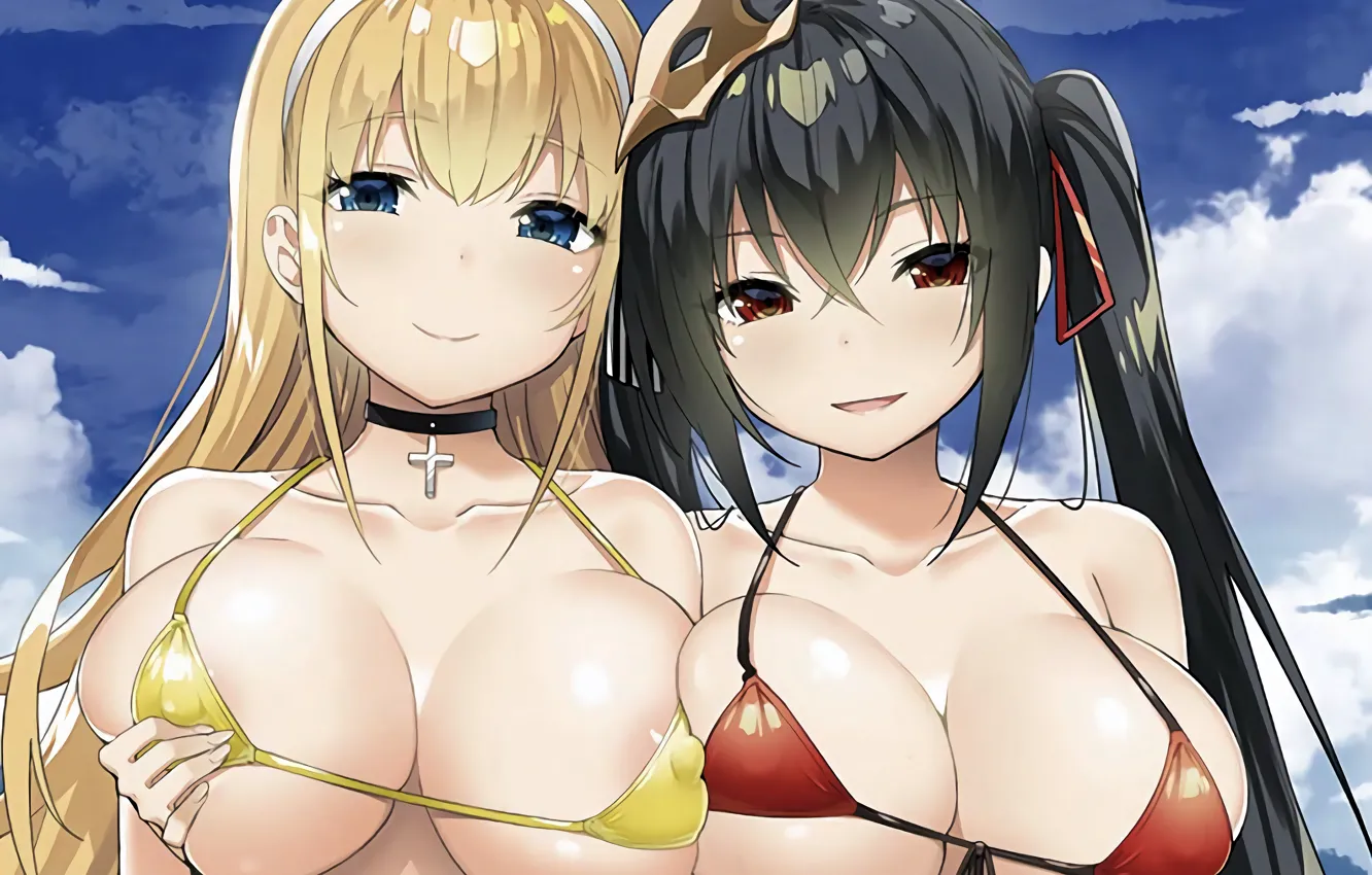 Photo wallpaper sexy, cleavage, long hair, girls, brown eyes, boobs, anime, beautiful