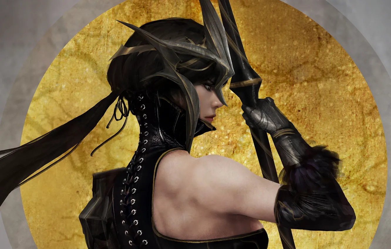 Photo wallpaper weapons, gloves, profile, spear, black hair, art, lacing, Black Queen
