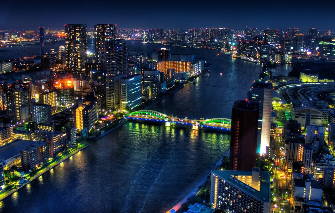 Photo wallpaper night, bridge, lights, home, Japan, water.