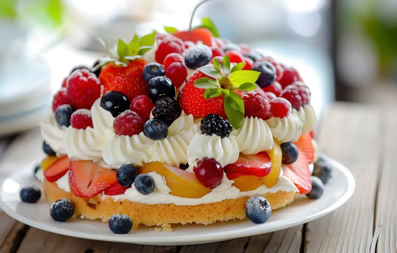 Photo wallpaper berries, cake, cream, food, dessert, cake