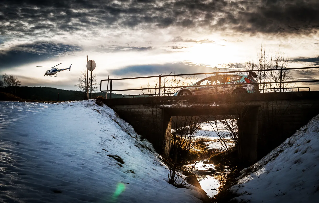 Photo wallpaper The sun, Ford, The sky, Winter, Auto, Bridge, Snow, Sport