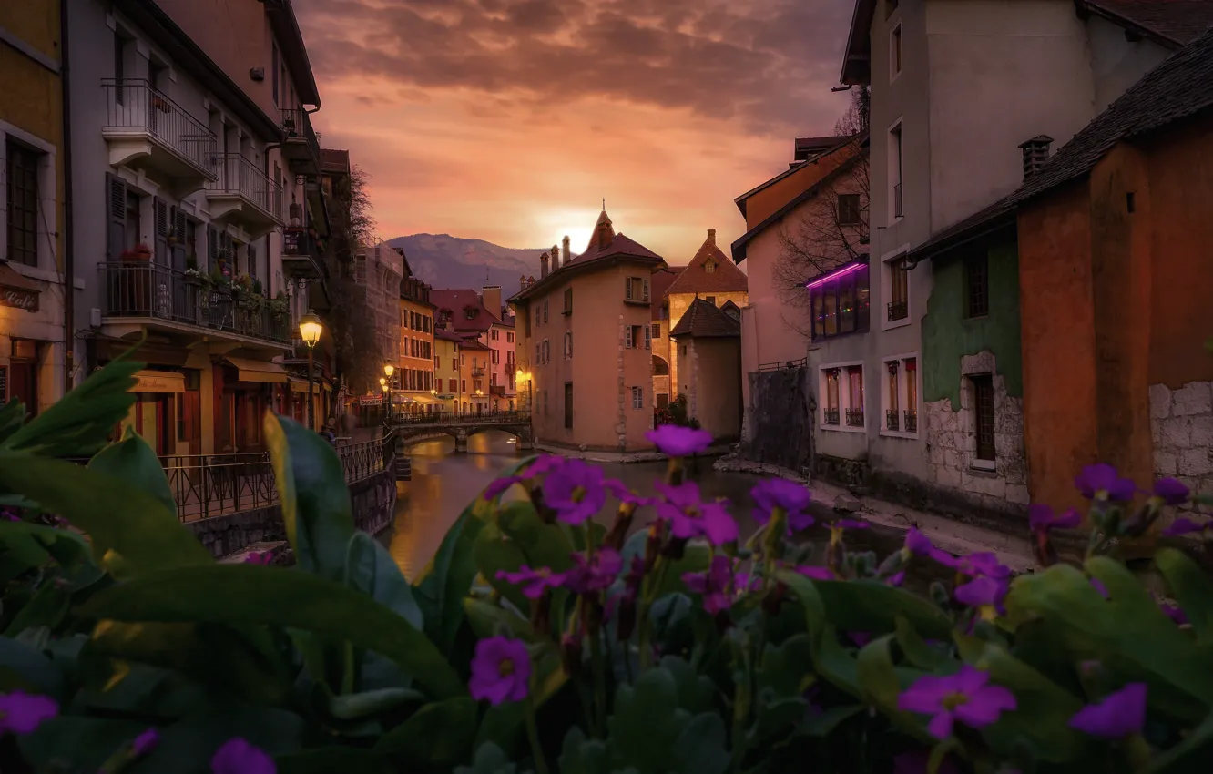 Photo wallpaper flowers, the city, France, home, the evening, channel, Annecy