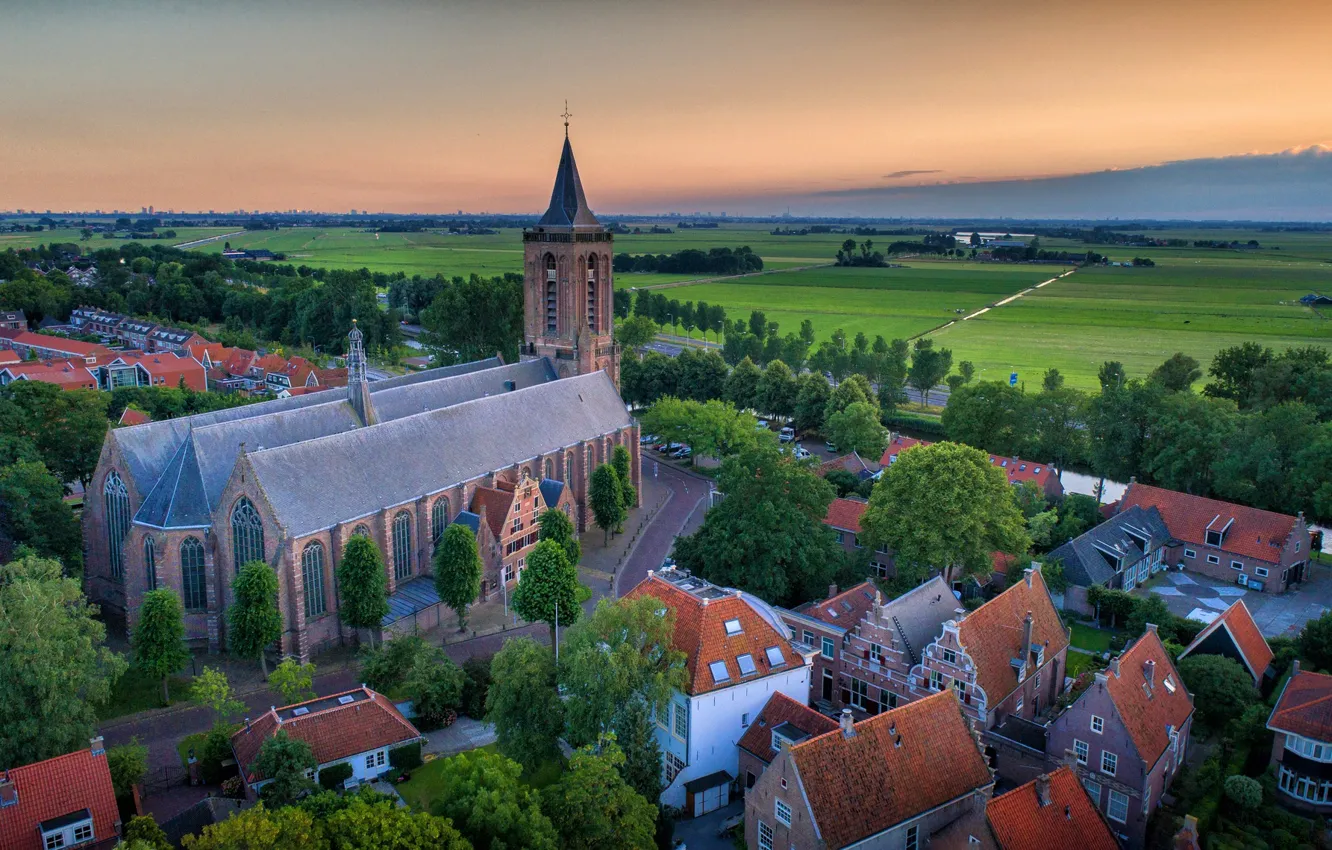 Photo wallpaper landscape, sunset, the city, field, home, roof, Church, Holland