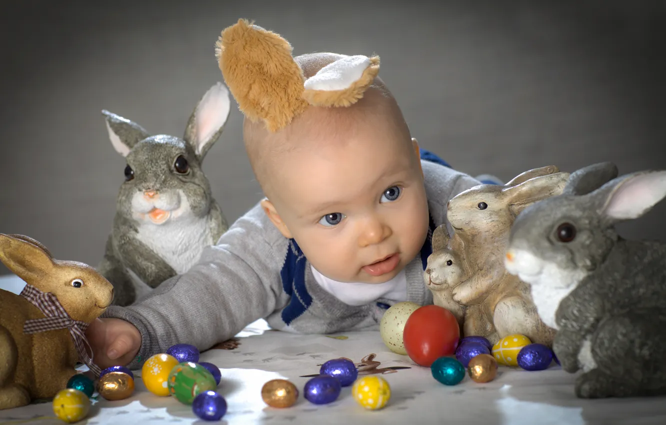 Photo wallpaper Easter, rabbits, rabbits, ears, child, Easter eggs, Happy Easter