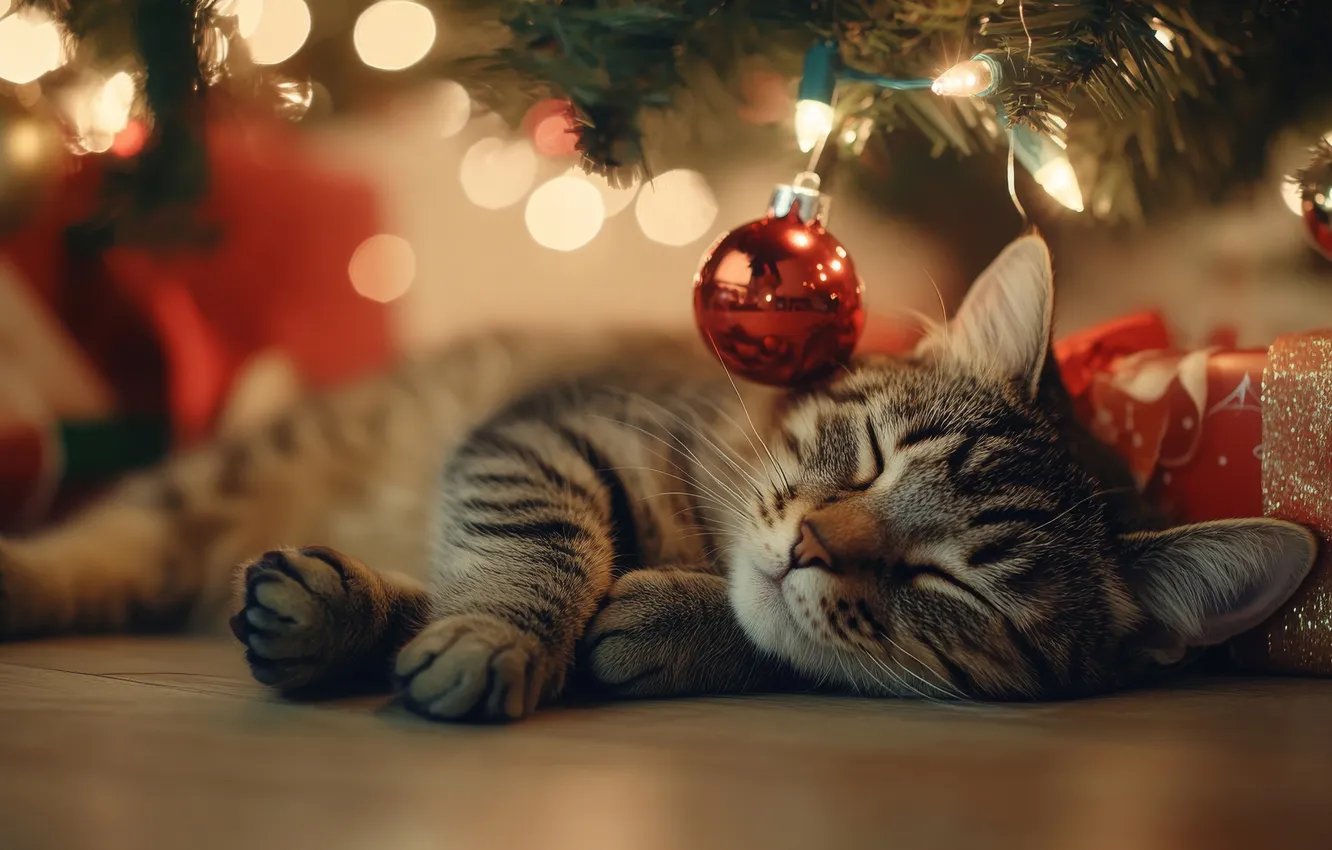 Photo wallpaper cat, cat, balls, branches, lights, pose, glare, grey