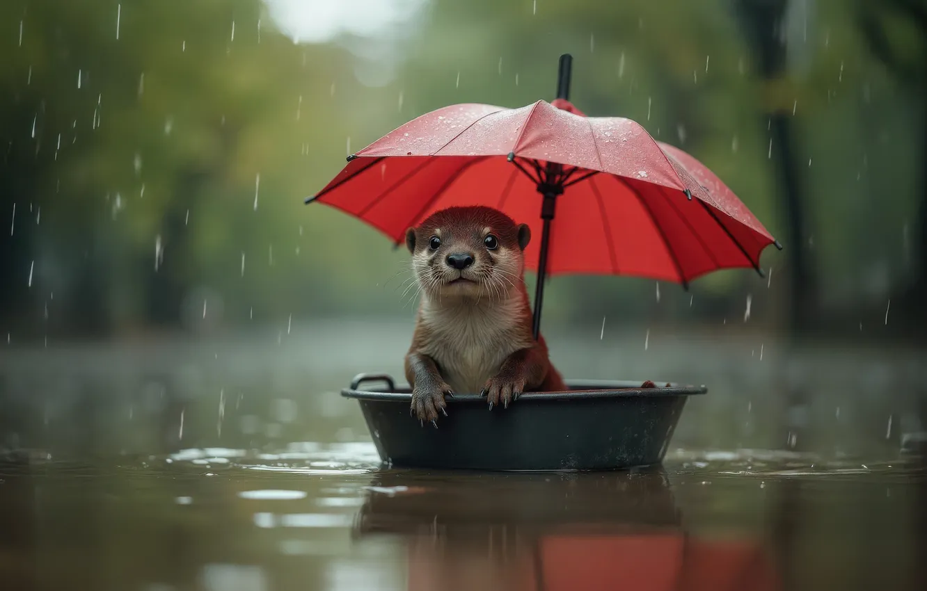 Photo wallpaper forest, look, drops, red, river, rain, shore, legs