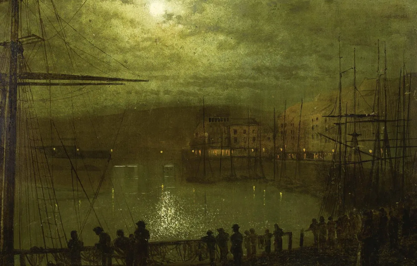 Photo wallpaper clouds, night, the moon, people, ship, picture, harbour, the urban landscape