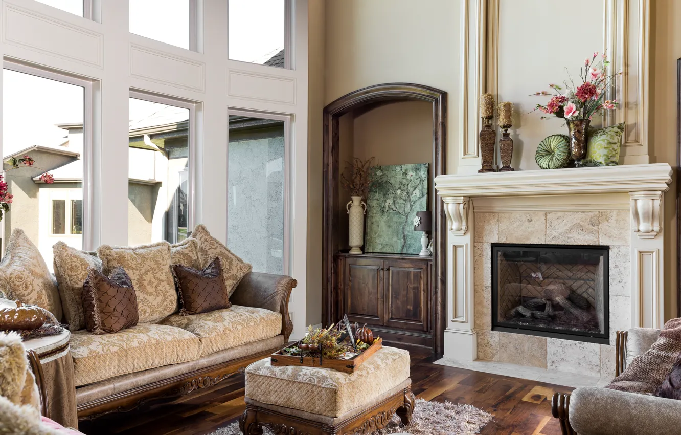 Photo wallpaper design, sofa, fireplace, decor