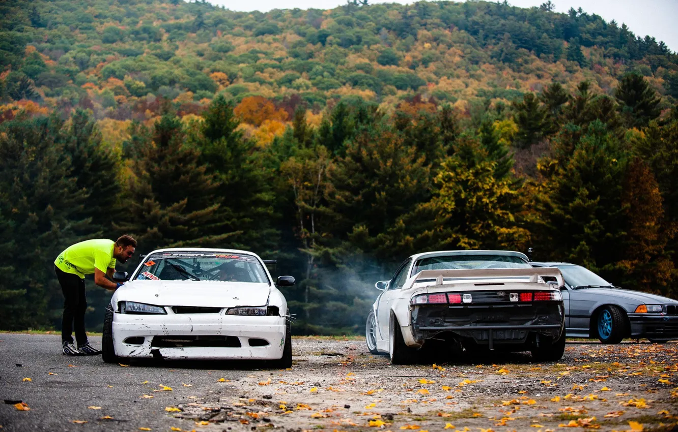 Photo wallpaper autumn, forest, nissan, drift, white, japan, Nissan, s15