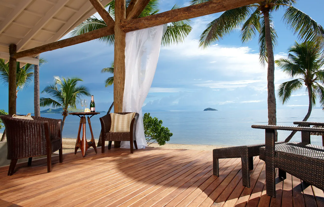 Photo wallpaper sea, palm trees, chair, Fiji, the hotel, Tadrai Island Resort