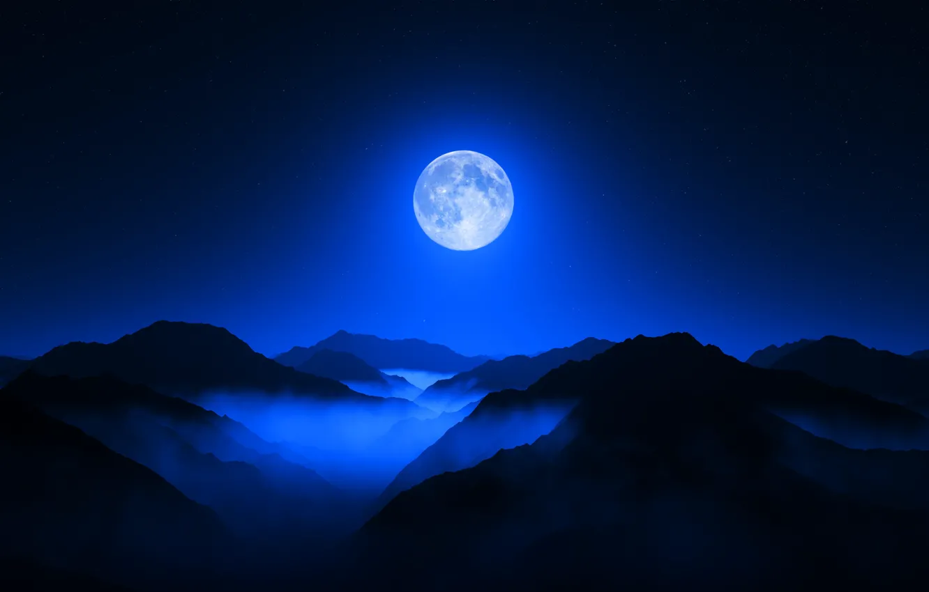 Photo wallpaper moon, twilight, sky, night, mountain, Valley, Range, fogg