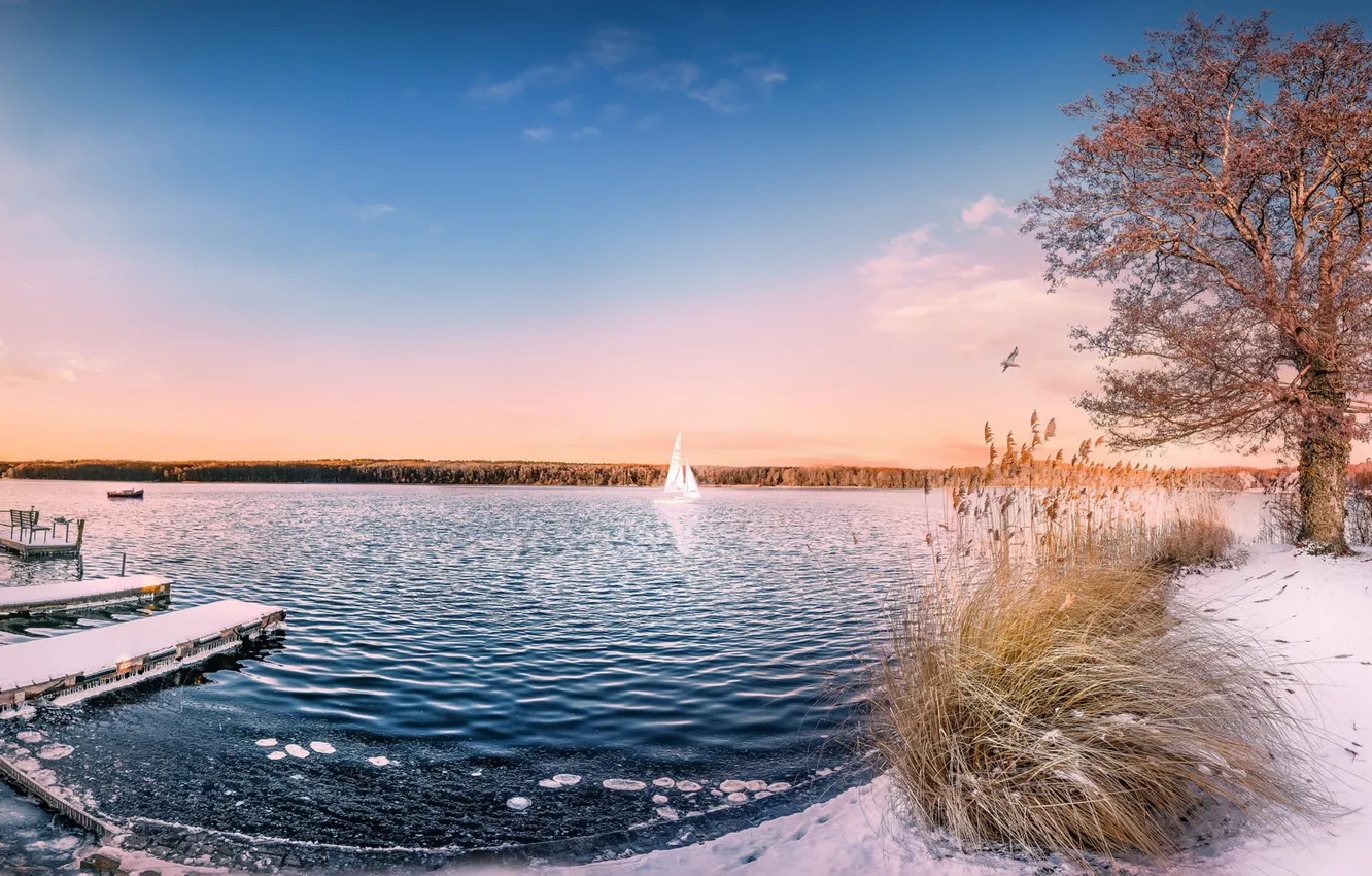 Photo wallpaper snow, lake, boat, morning