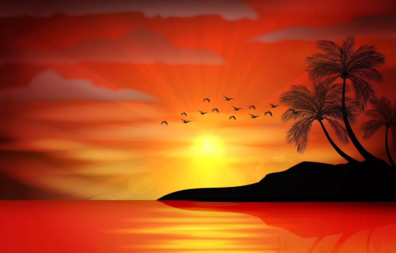 Photo wallpaper sea, sunset, palm trees, vector, island, silhouette, sea, sunset