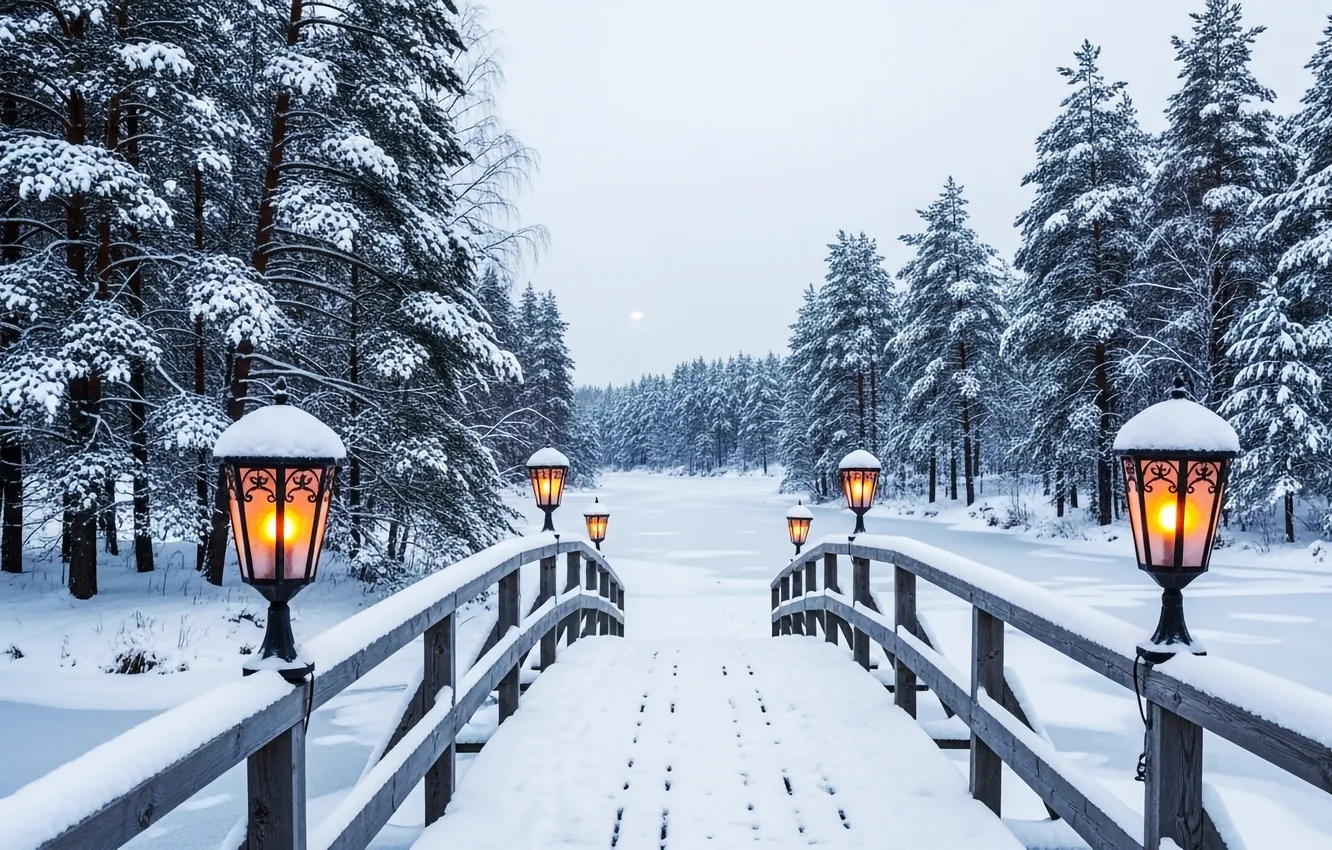 Photo wallpaper winter, forest, snow, bridge, Park, Christmas, lights, forest