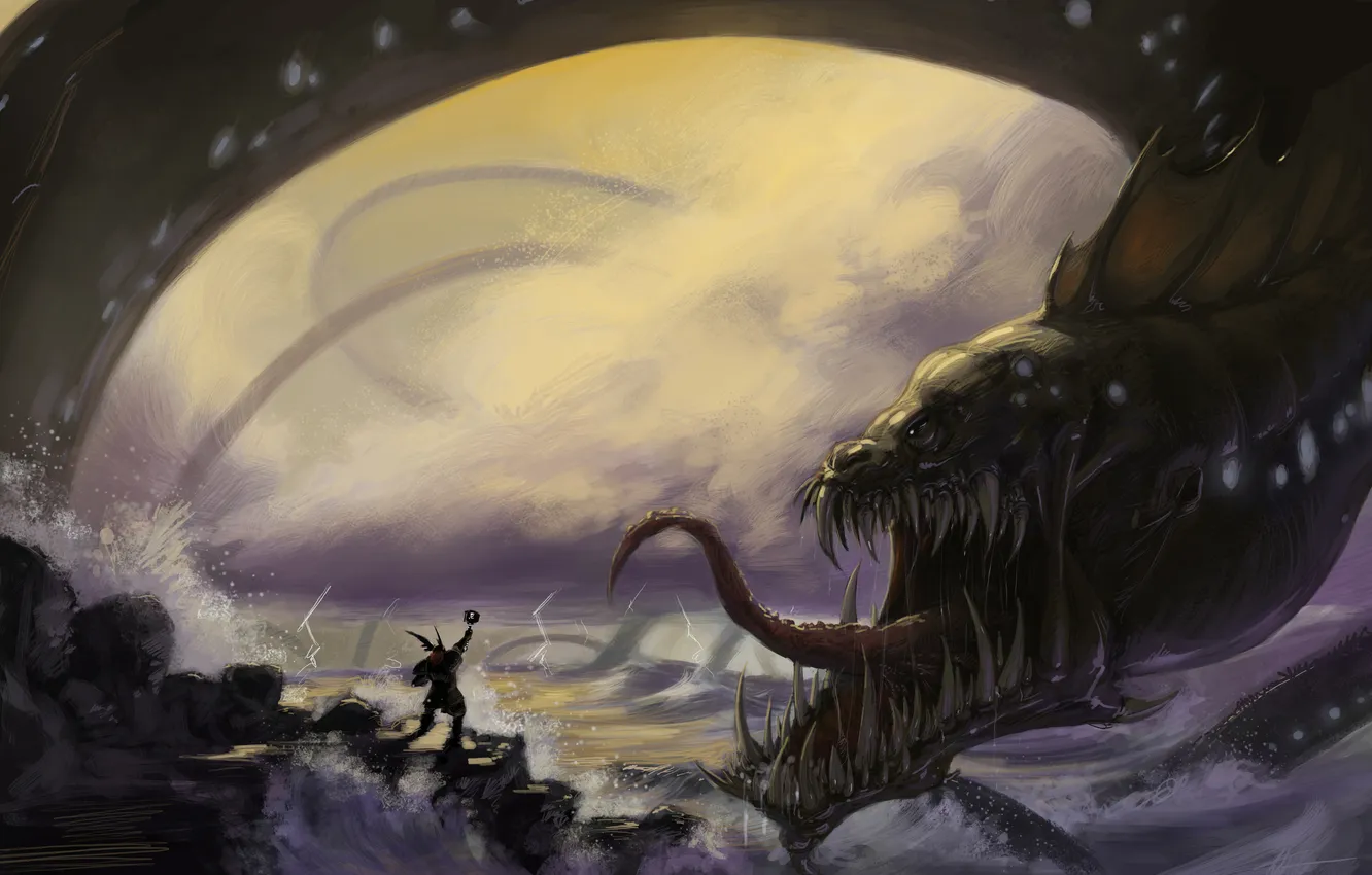 Photo wallpaper sea, snake, monster, hammer, warrior, art, mouth, giant