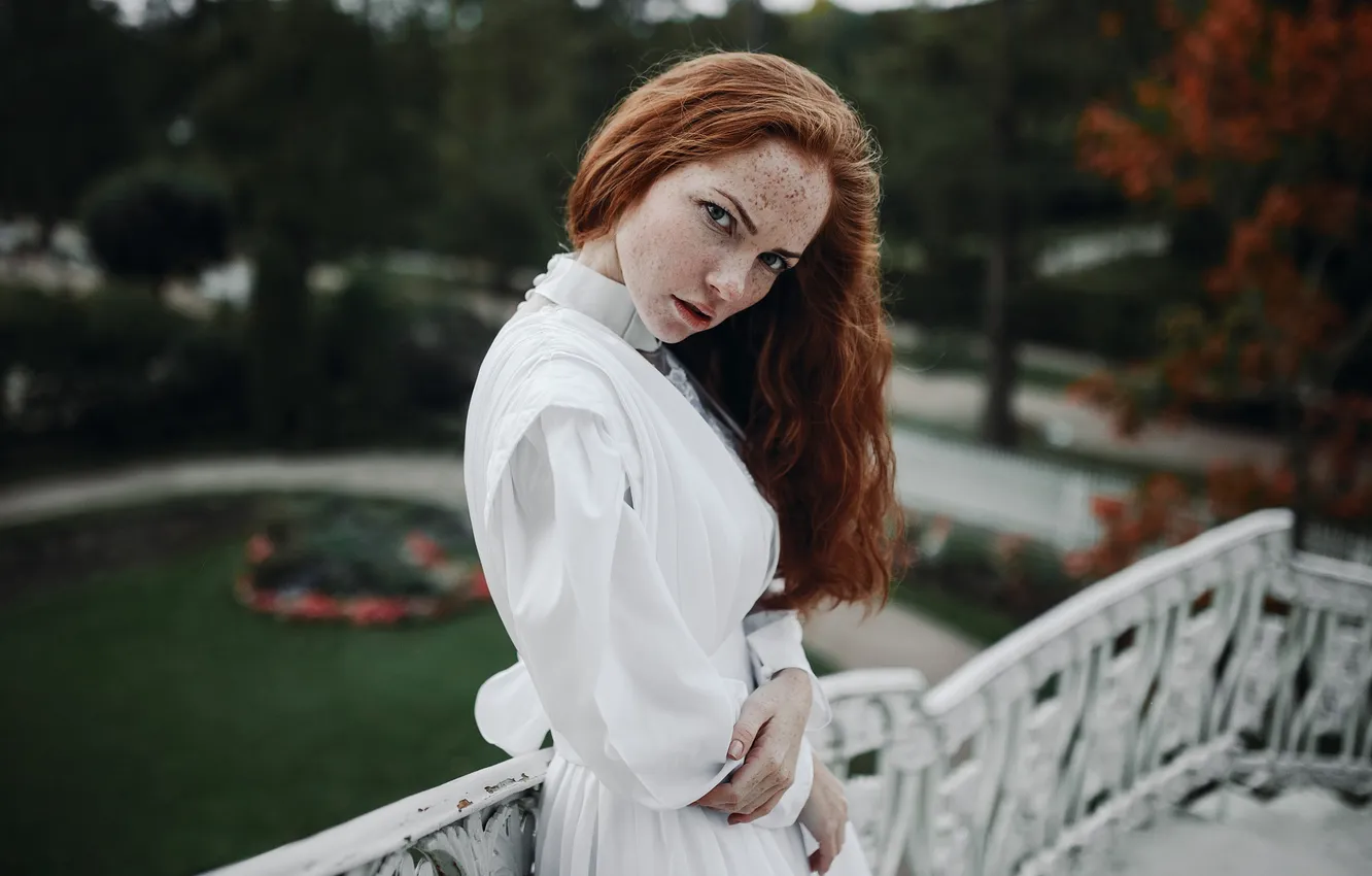 Photo wallpaper autumn, white, look, girl, mood, model, portrait, dress