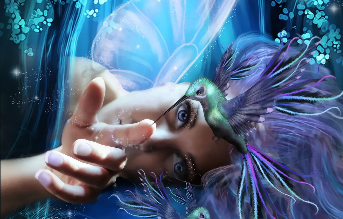 Photo wallpaper eyes, girl, flight, face, fiction, bird, magic, wings