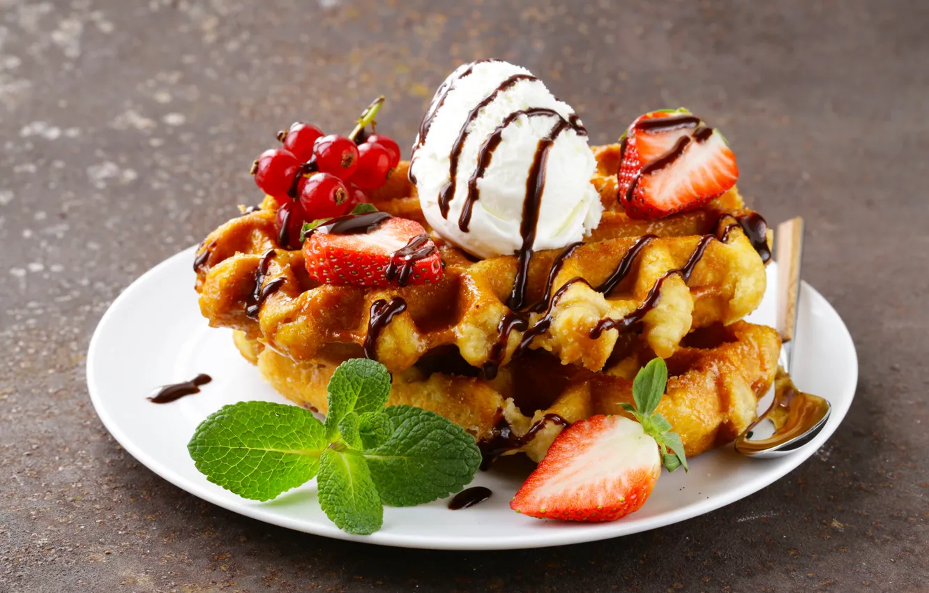 Photo wallpaper berries, chocolate, ice cream, dessert, waffles
