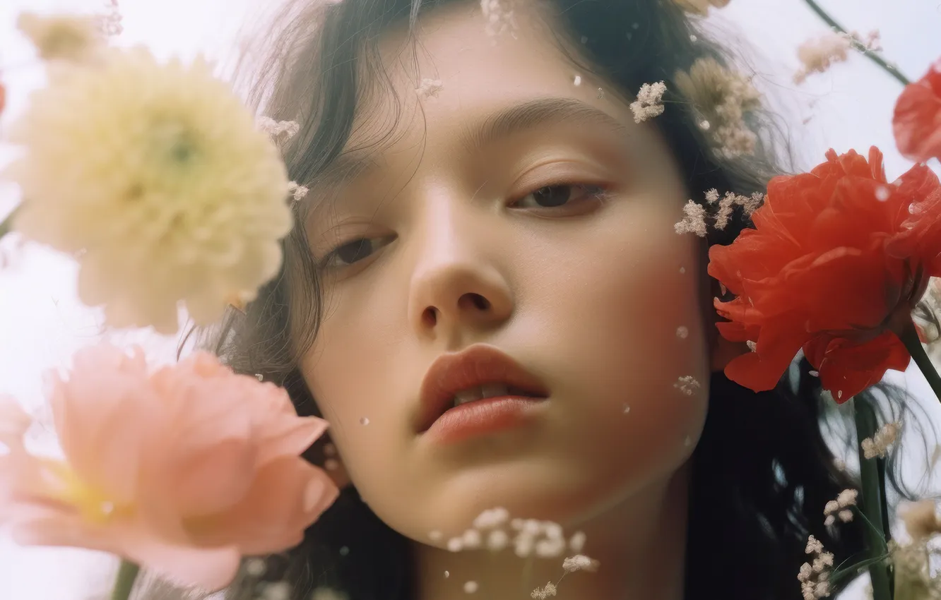 Photo wallpaper girl, flowers, face, closeup, digital art, AI art, The Art of Artificial Intelligence, neural network