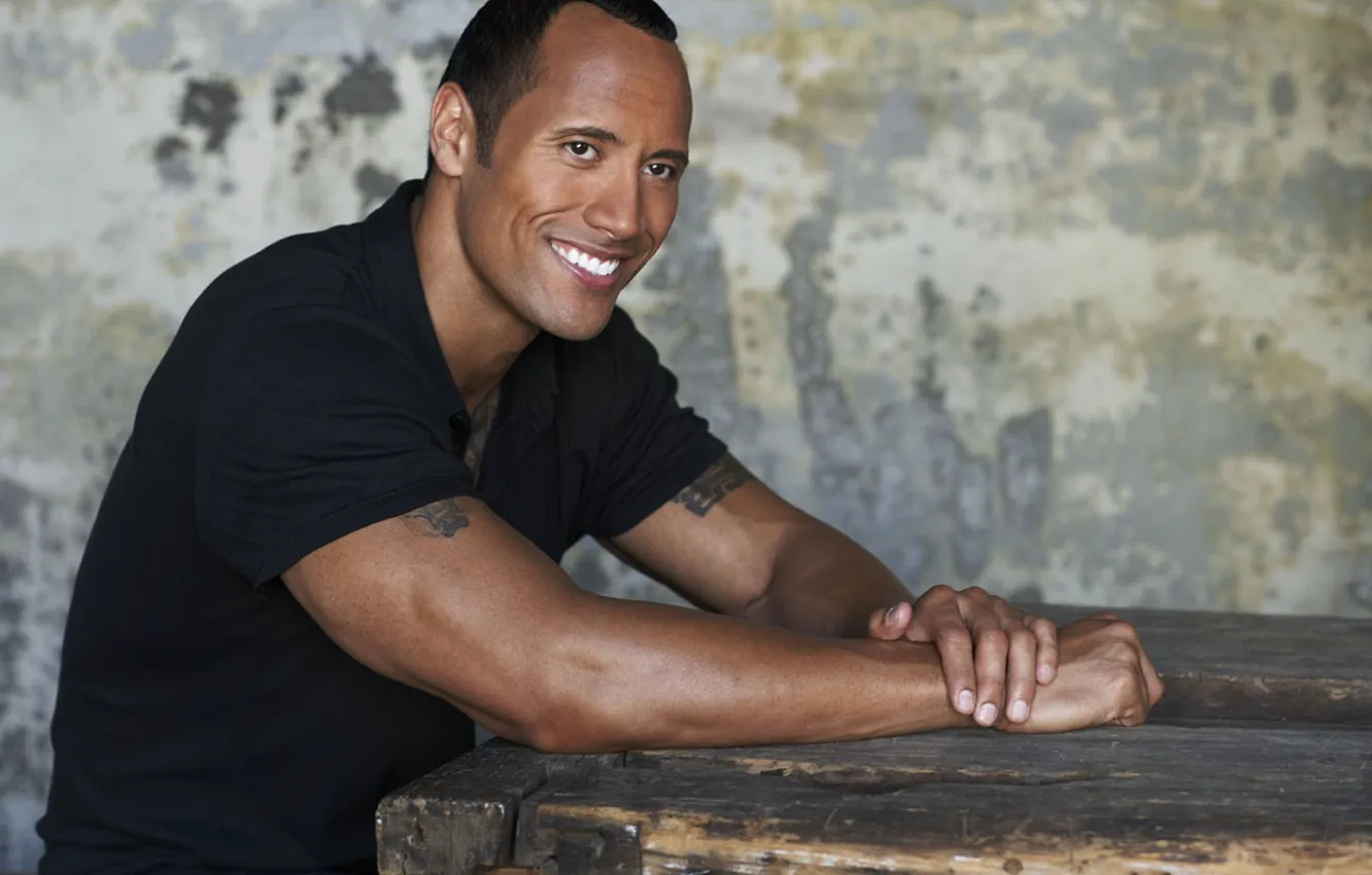 Photo wallpaper smile, male, Dwayne Johnson, black t-shirt