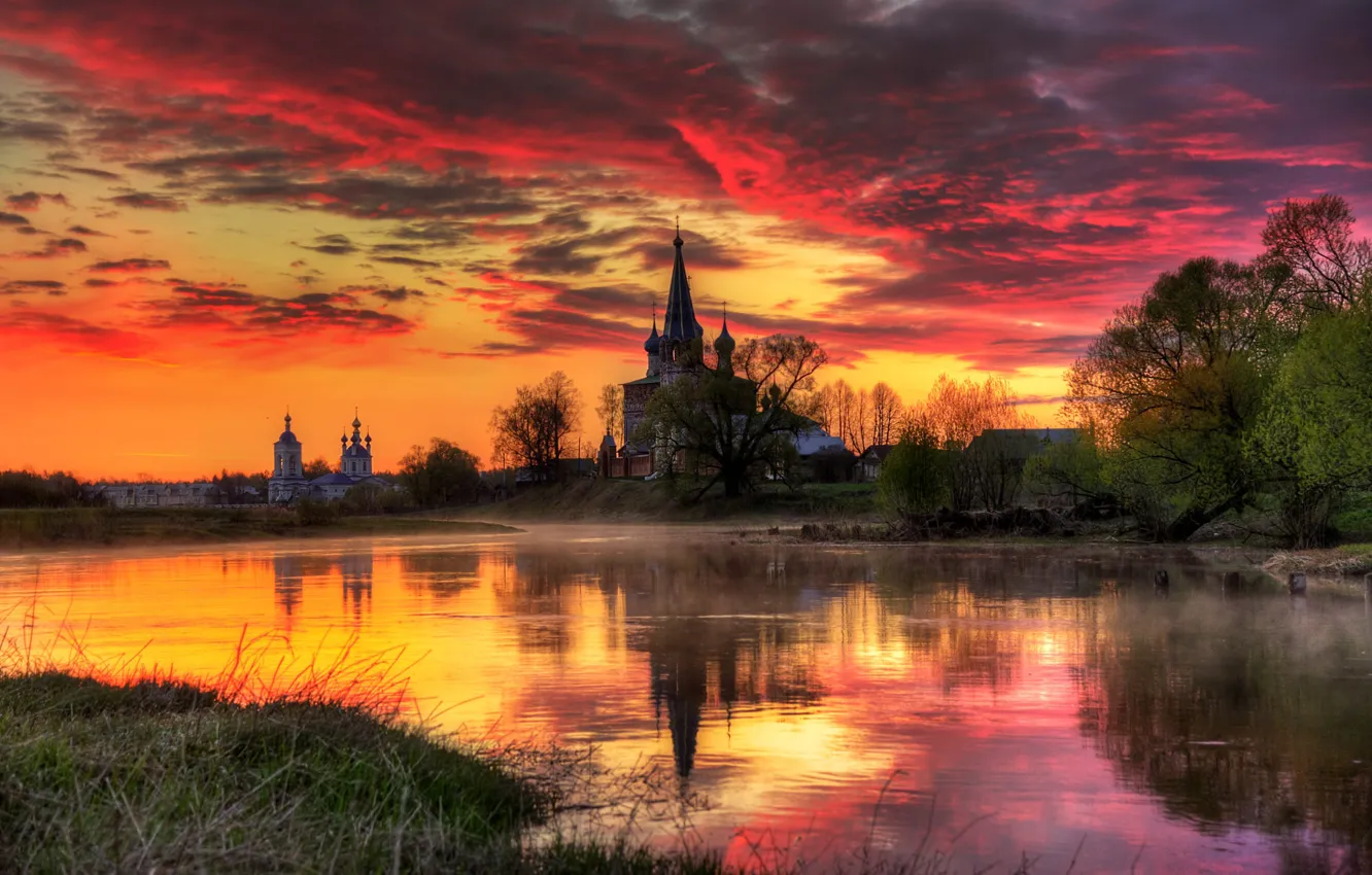 Photo wallpaper the sky, nature, reflection, river, dawn, spring, Church, Russia