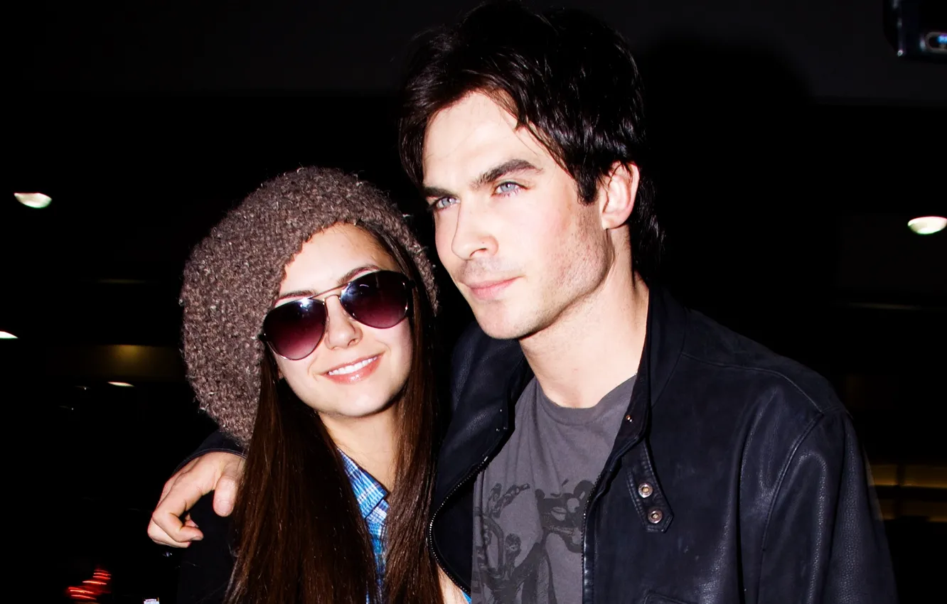 Photo wallpaper girl, glasses, hugs, pair, male, lovers, Nina Dobrev, Nina Dobrev