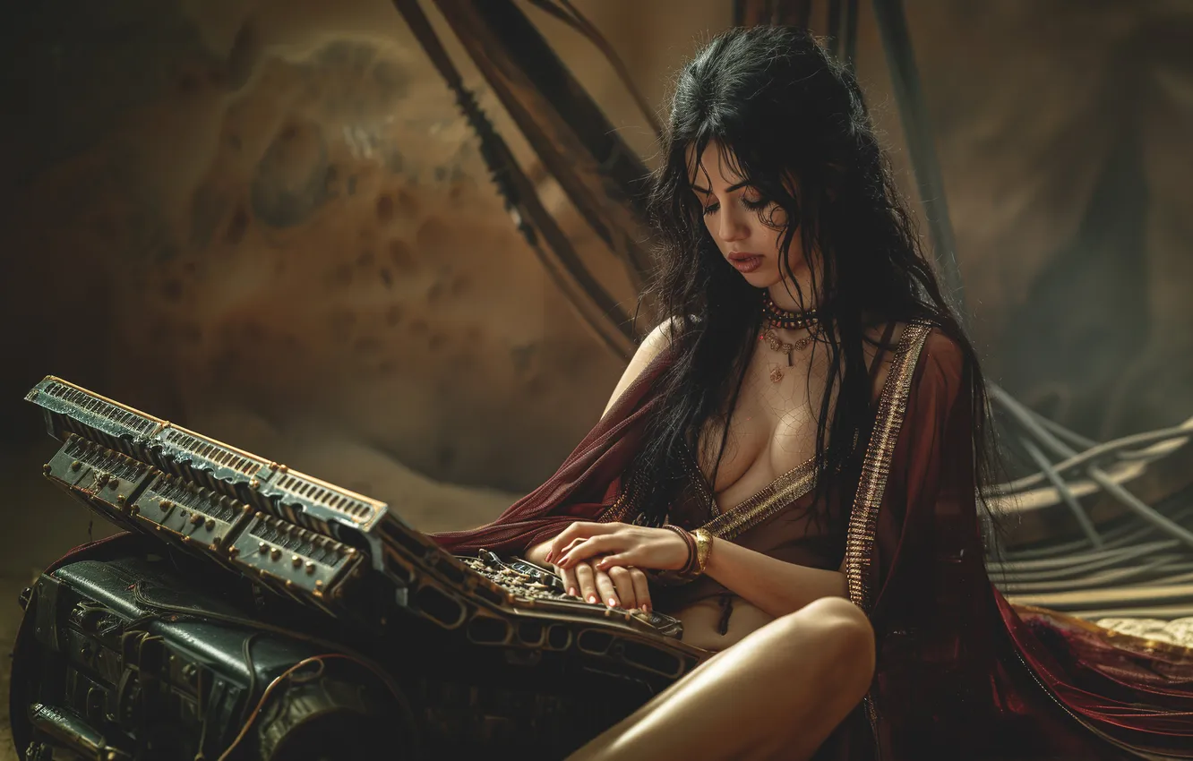 Photo wallpaper machine, chest, girl, decoration, pose, feet, mechanism, hands