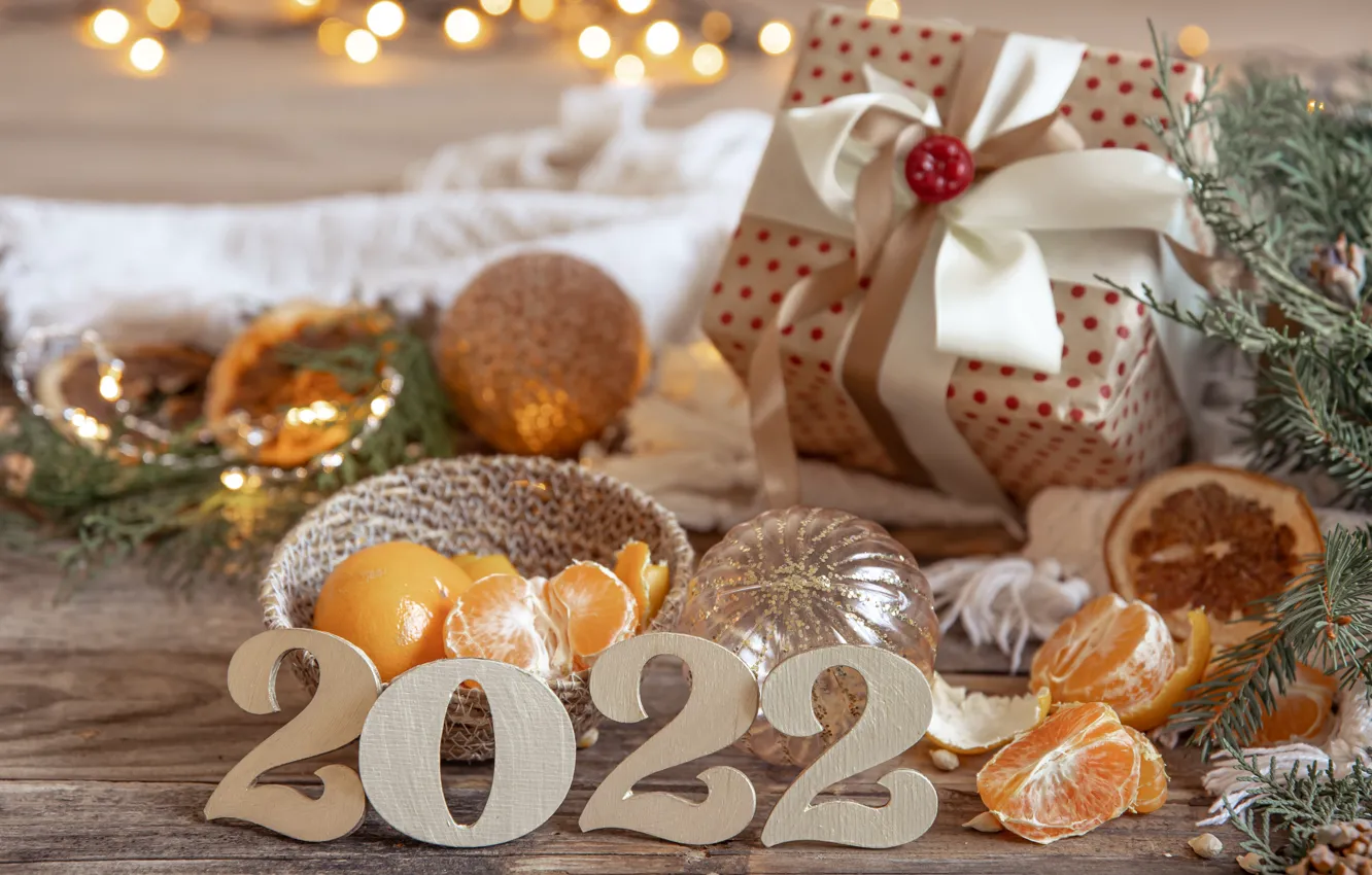 Photo wallpaper gift, Christmas, figures, New year, tangerines, decoration, 2022