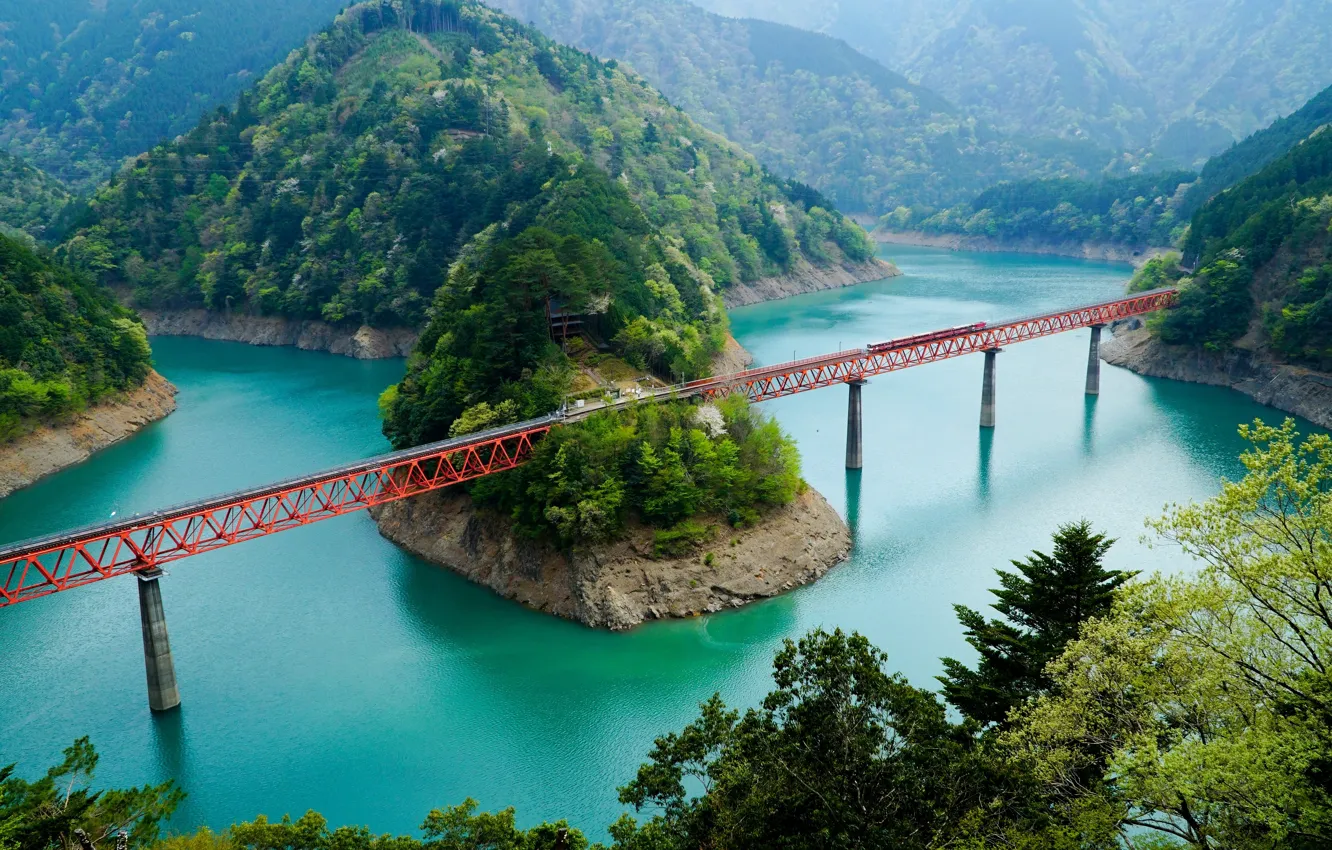 Photo wallpaper mountains, bridge, river, Japan, Japan, Oi River, Kawanihan, Kawanehon