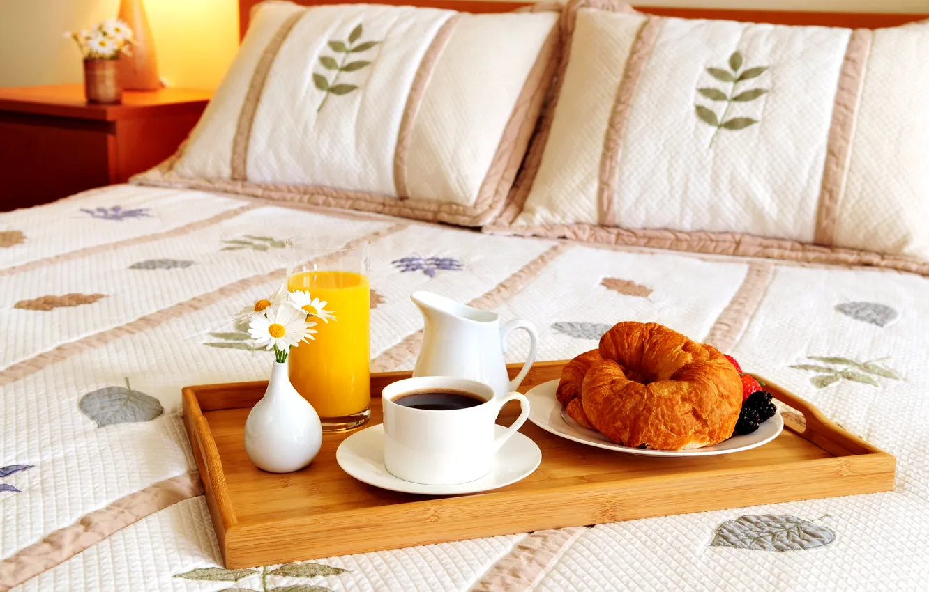 Photo wallpaper flowers, berries, coffee, pillow, juice, mug, bed, vase