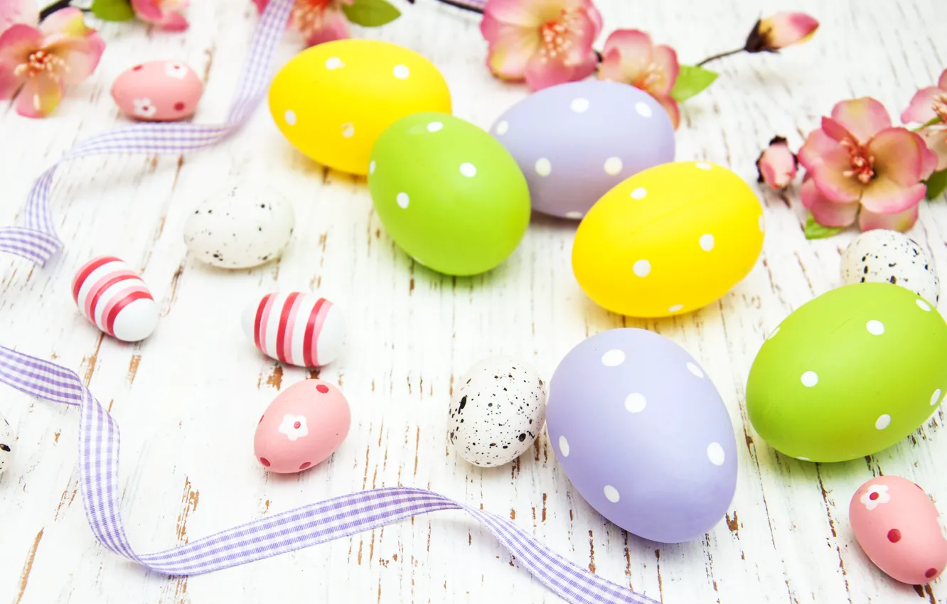 Photo wallpaper flowers, eggs, spring, colorful, Easter, wood, pink, blossom