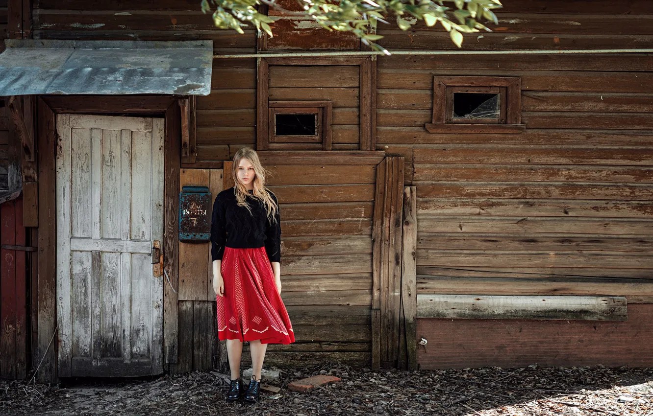Photo wallpaper Girl, Look, House, Dress, Red, Julia Kowalska